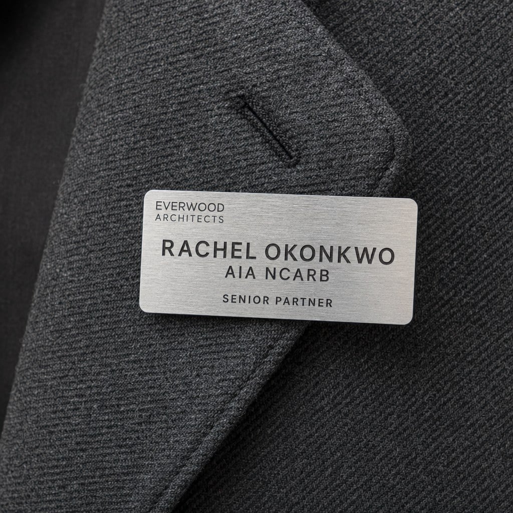 Brushed stainless steel name tag with engraved text