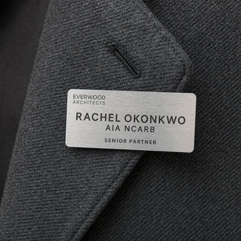 Brushed stainless steel name badge with cool silver tone and engraved text