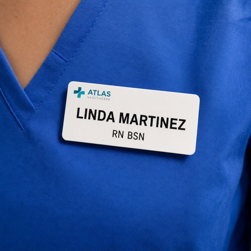 Glossy white plastic name badge worn on royal blue nursing scrubs reading Linda Martinez RN BSN
