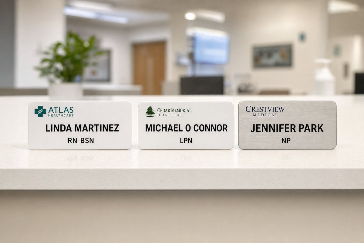 Three nurse name badges: glossy white plastic RN BSN, glossy white LPN, brushed aluminum NP