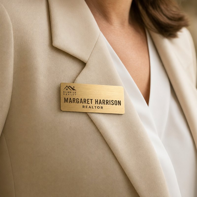 Brushed gold realtor name badge worn on a cream blazer with brokerage logo