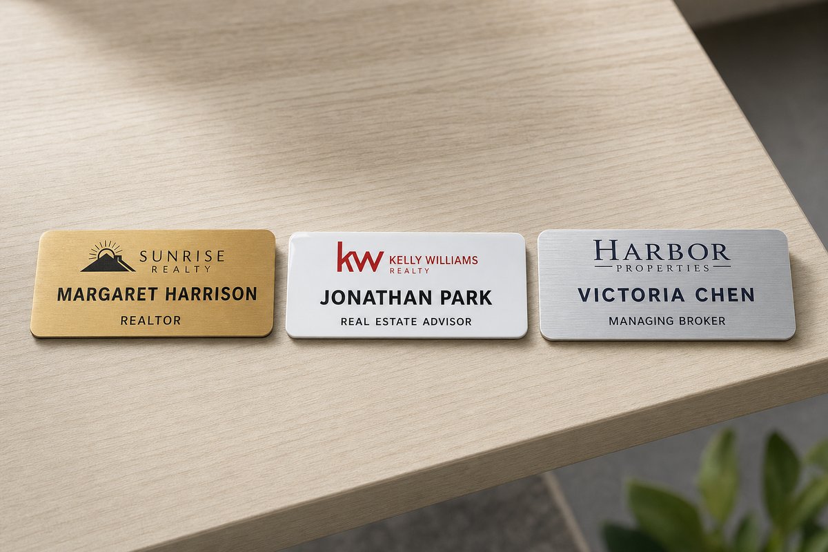 Three real estate name badges: brushed gold realtor, white plastic agent, and brushed aluminum broker