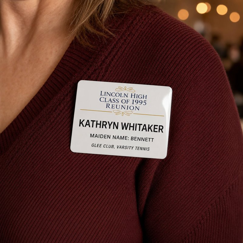 Glossy white plastic class reunion name badge reading Lincoln High Class of 1995 with name and maiden name