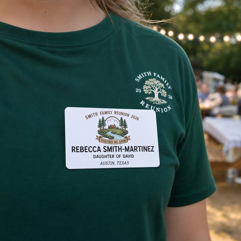 Family reunion name badge with family crest and branch indicator