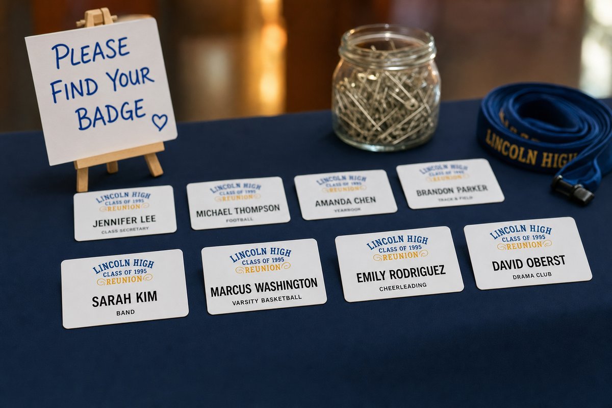 Reunion welcome table with badges arranged alphabetically and a sign reading Please Find Your Badge