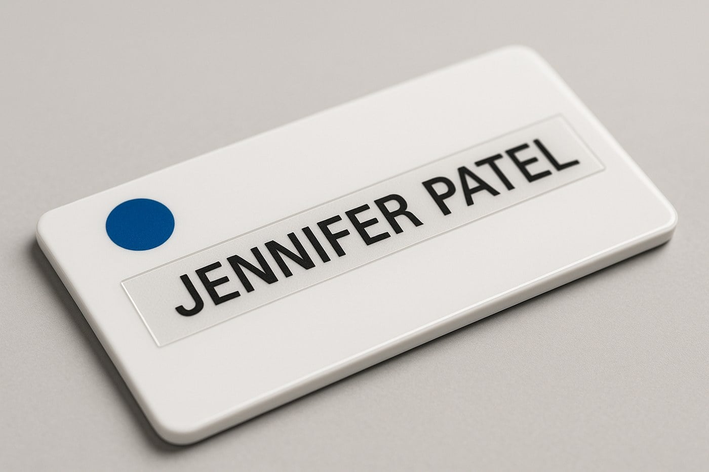 White plastic reusable name badge with a clear label-maker tape strip showing a black name across the name area