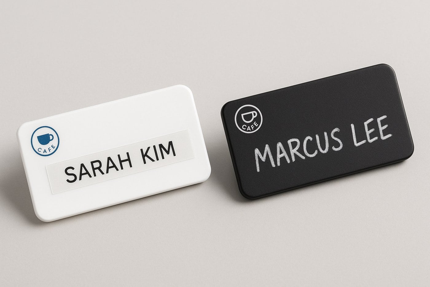 Reusable name badges: white plastic with clear label-maker tape, and chalkboard-black with chalk-marker text