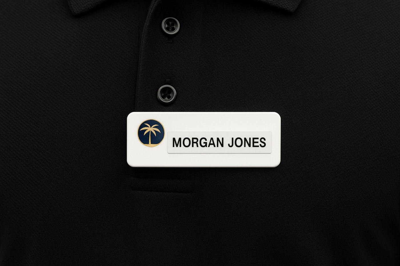 Reusable name badge worn on a polo shirt with a clear label-maker tape name strip