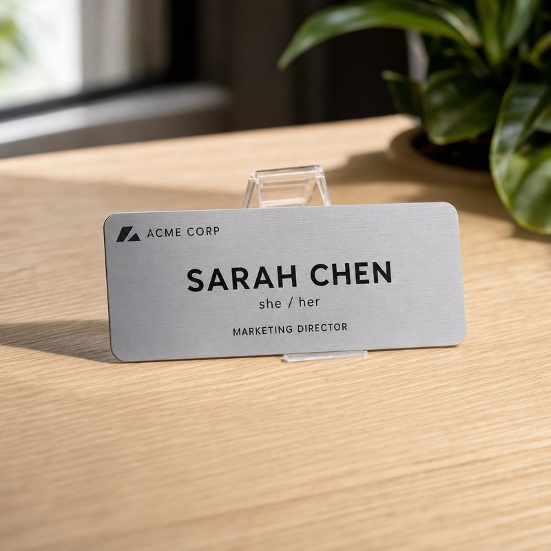 Brushed aluminum name badge standing on a wooden desk in an acrylic display stand