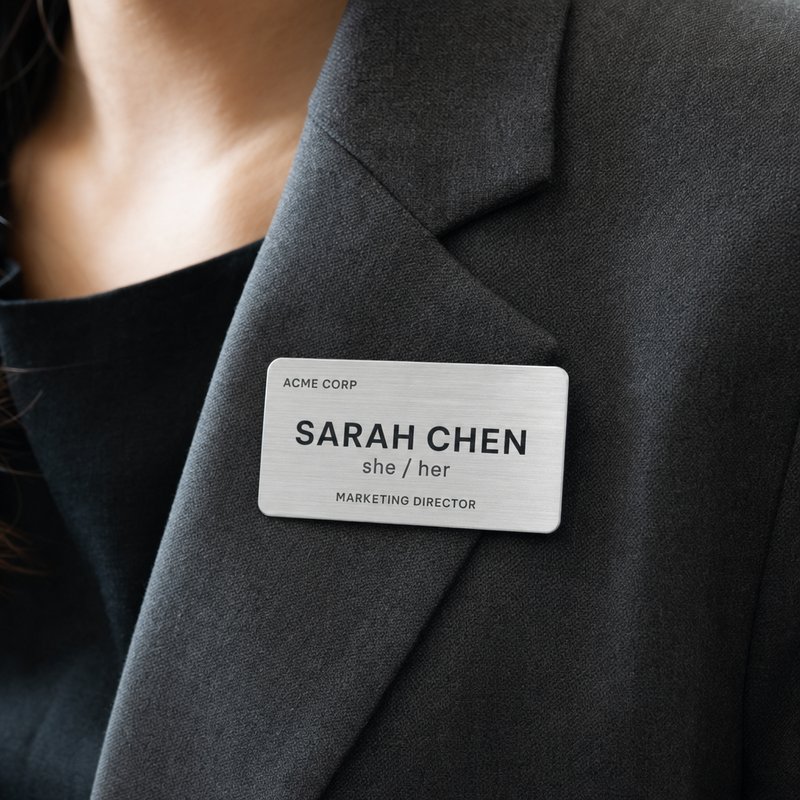 Brushed aluminum name badge reading Sarah Chen, she/her, Marketing Director, worn on a charcoal blazer