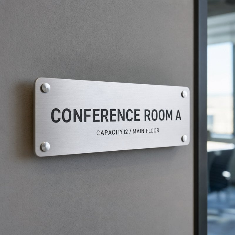 Brushed aluminum office wall sign reading Conference Room A with capacity 12
