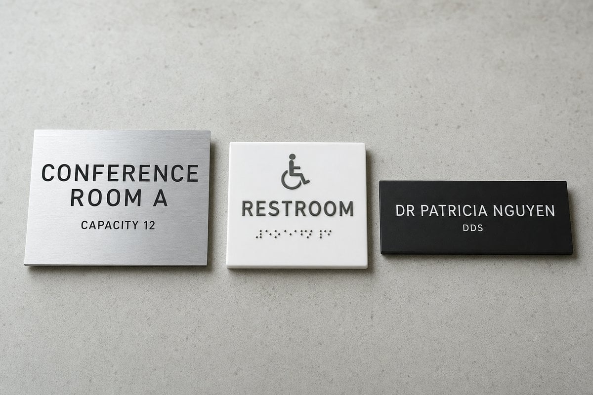 Three office signage products: brushed aluminum wall sign, ADA compliant restroom sign with braille, and matte black door plate
