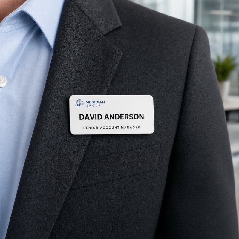 Glossy white plastic workplace name badge worn on a charcoal grey suit lapel with company logo