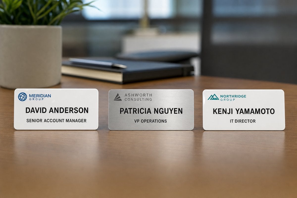 Three workplace name badges arranged on a wood desk: glossy plastic, brushed aluminum, and executive premium
