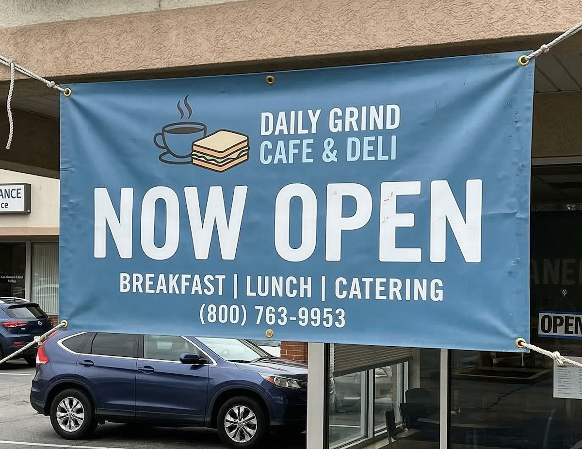 Custom vinyl banner installed at a storefront grand opening with grommets