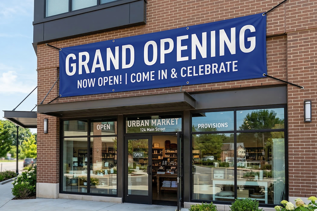 Grand opening vinyl banner mounted above a storefront