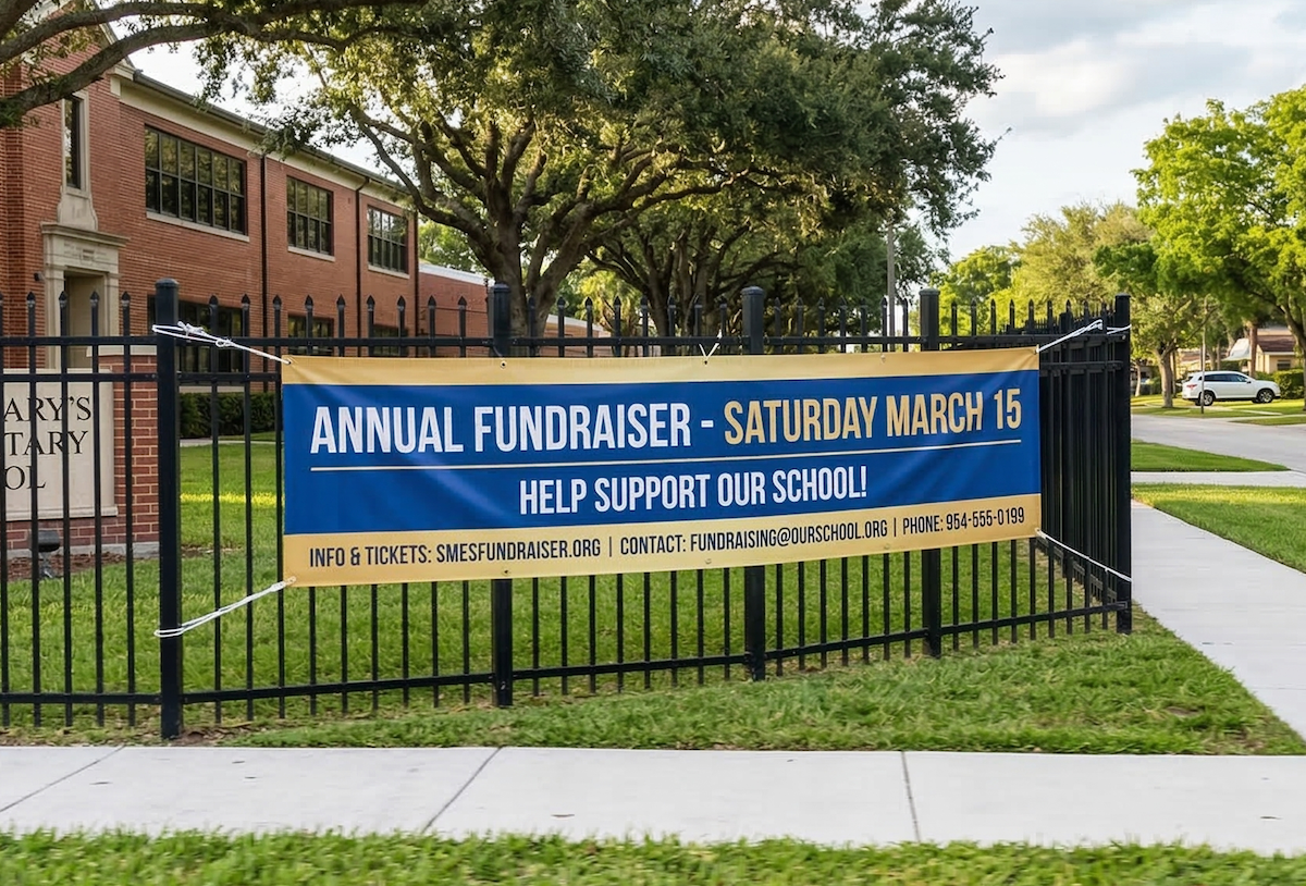 Mesh vinyl banner zip-tied to a fence for outdoor event advertising