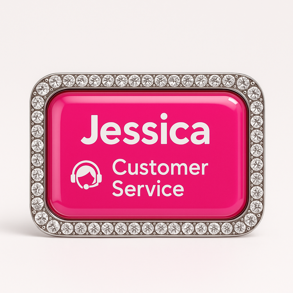 Rhinestone bling name badge with crystal frame around a full-color domed insert