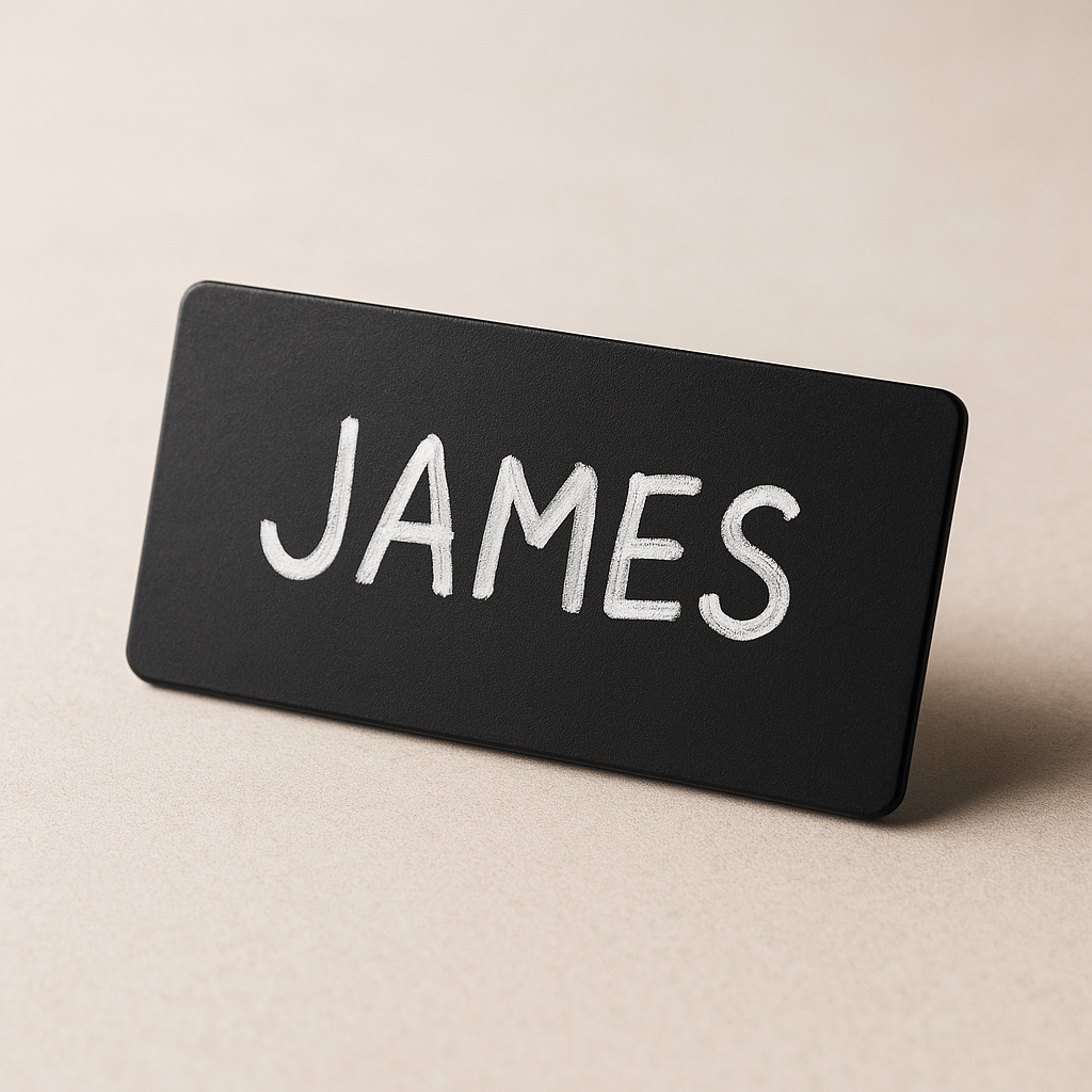 Matte black chalkboard finish name badge with white chalk lettering