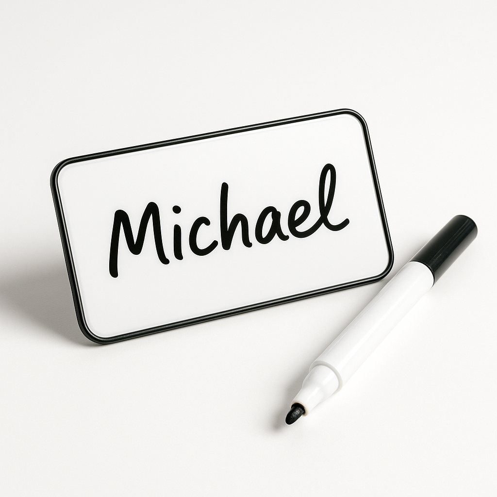 Reusable dry-erase name badge with a marker