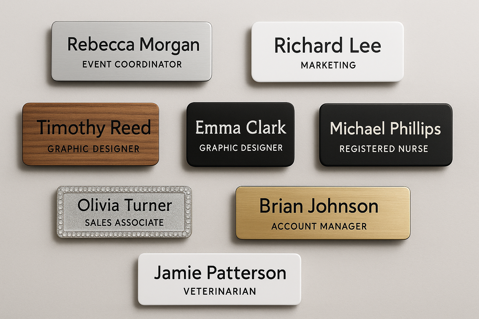 Custom name badges in metal, plastic, wood, chalkboard, gold, and rhinestone materials