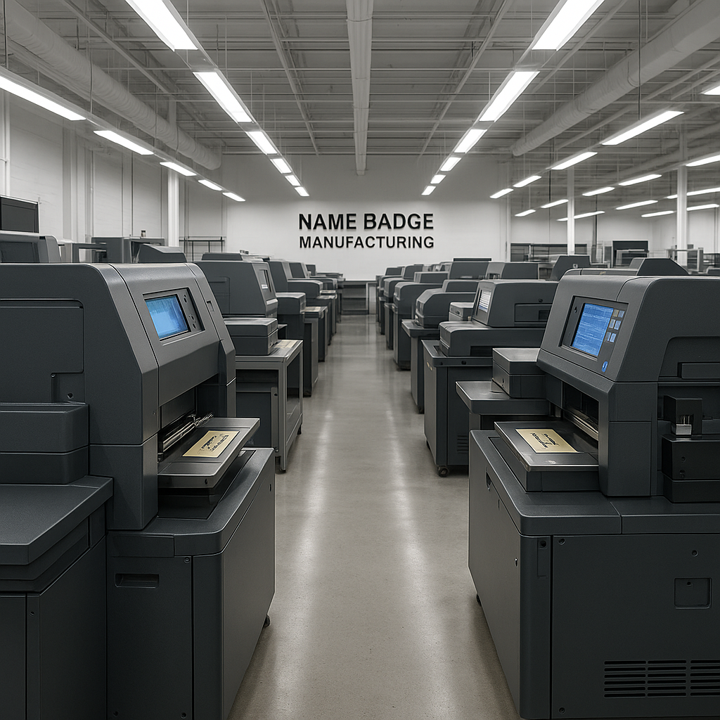 Modern American name badge manufacturing facility with rows of engraving and printing machines