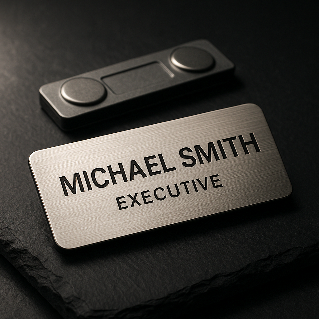 Brushed silver executive metal name tag with engraved text and magnetic backing