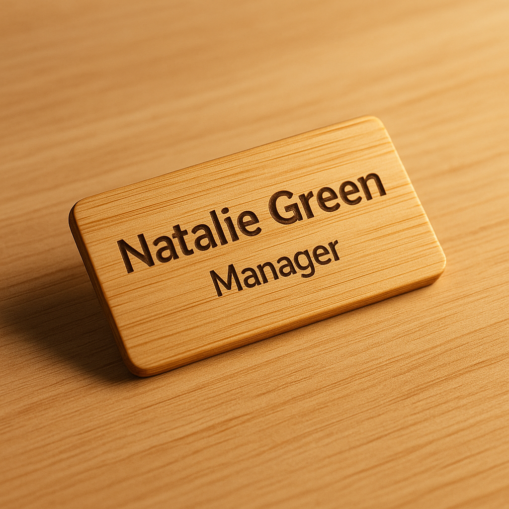 Real bamboo wood name badge with laser-engraved name and title