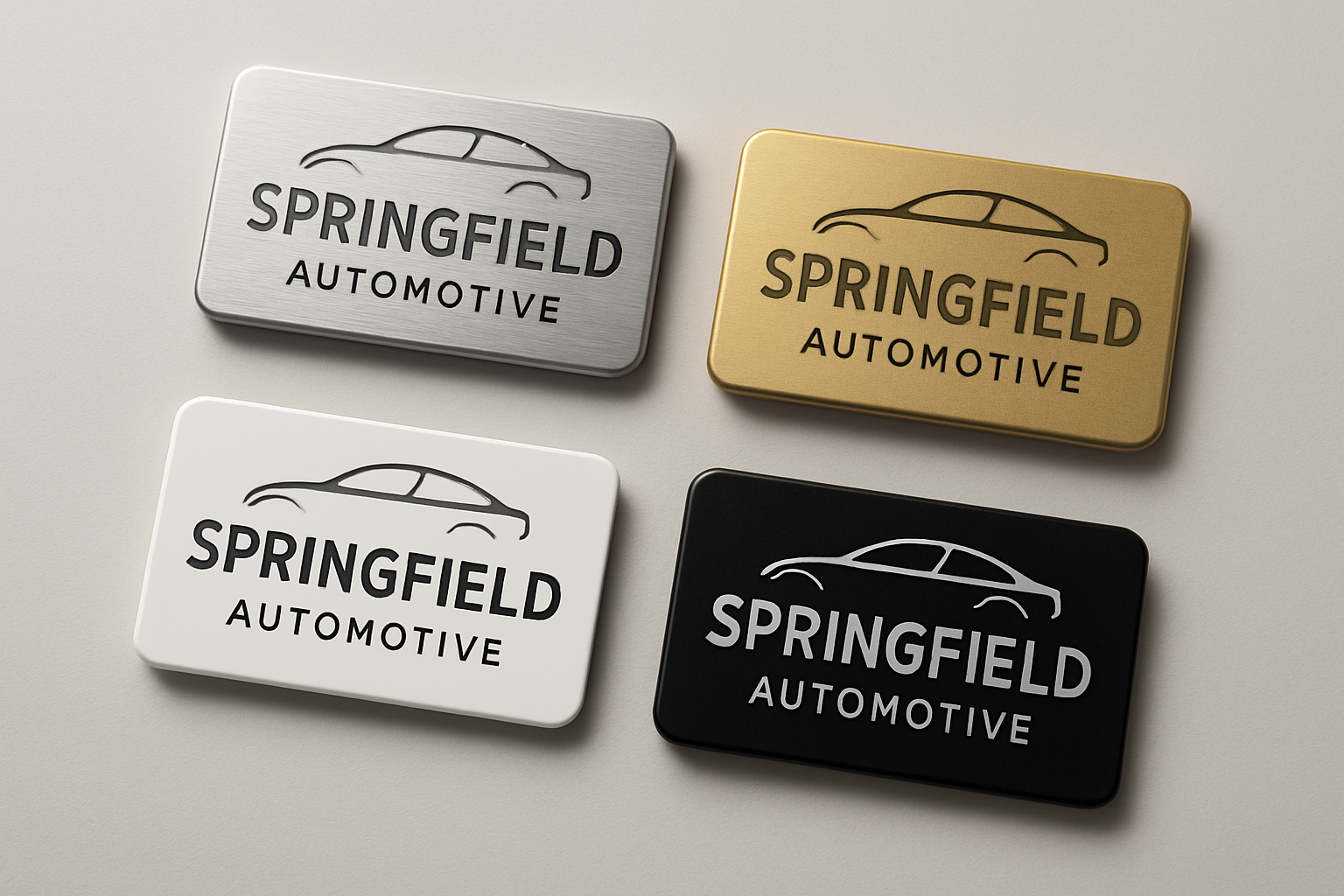 Dealership name badges in silver, gold, white and black finishes