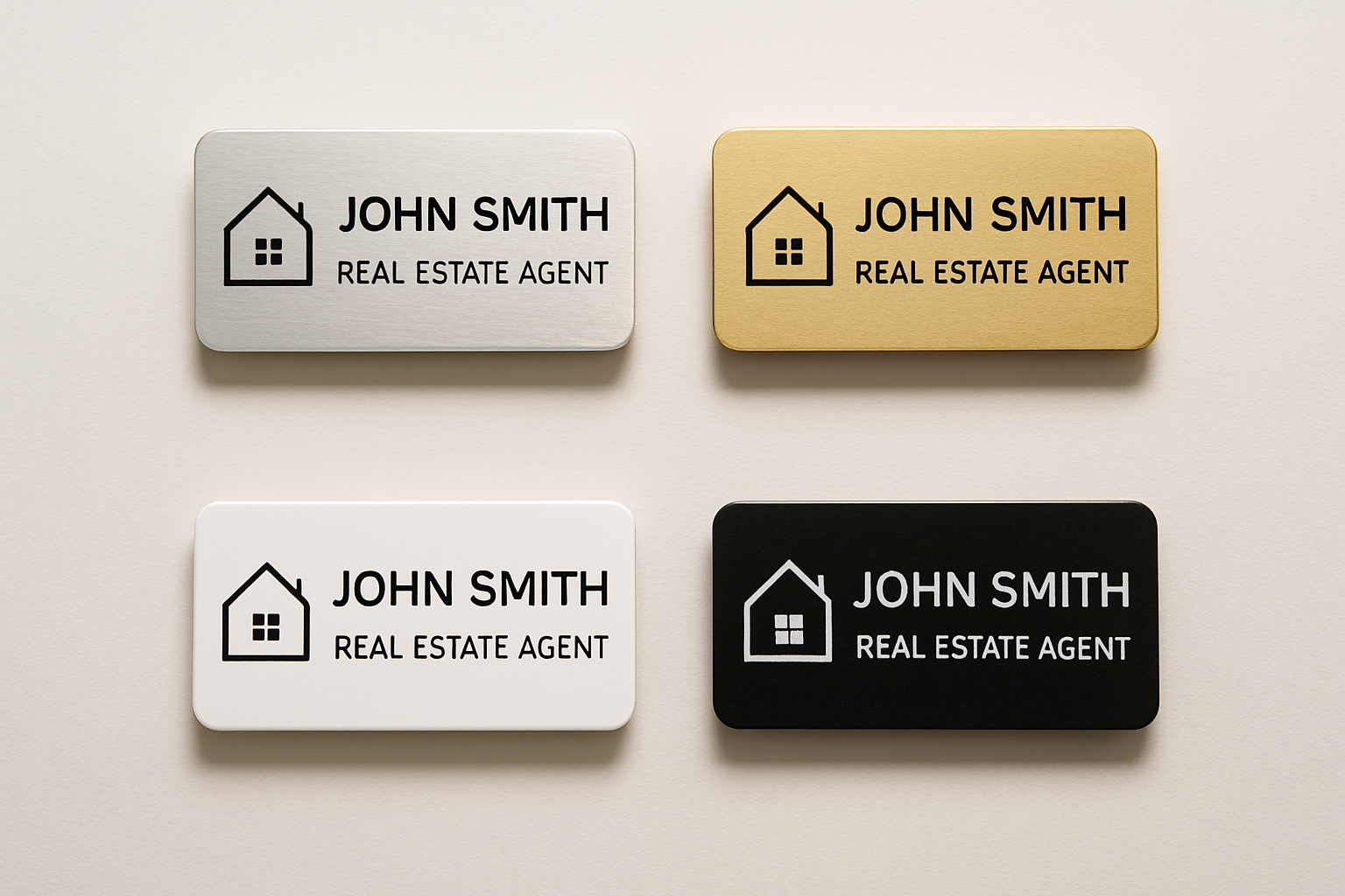 Real Estate name badges in silver, gold, white and black