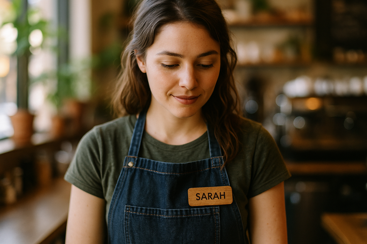 Barista Sarah wearing a real wood name badge