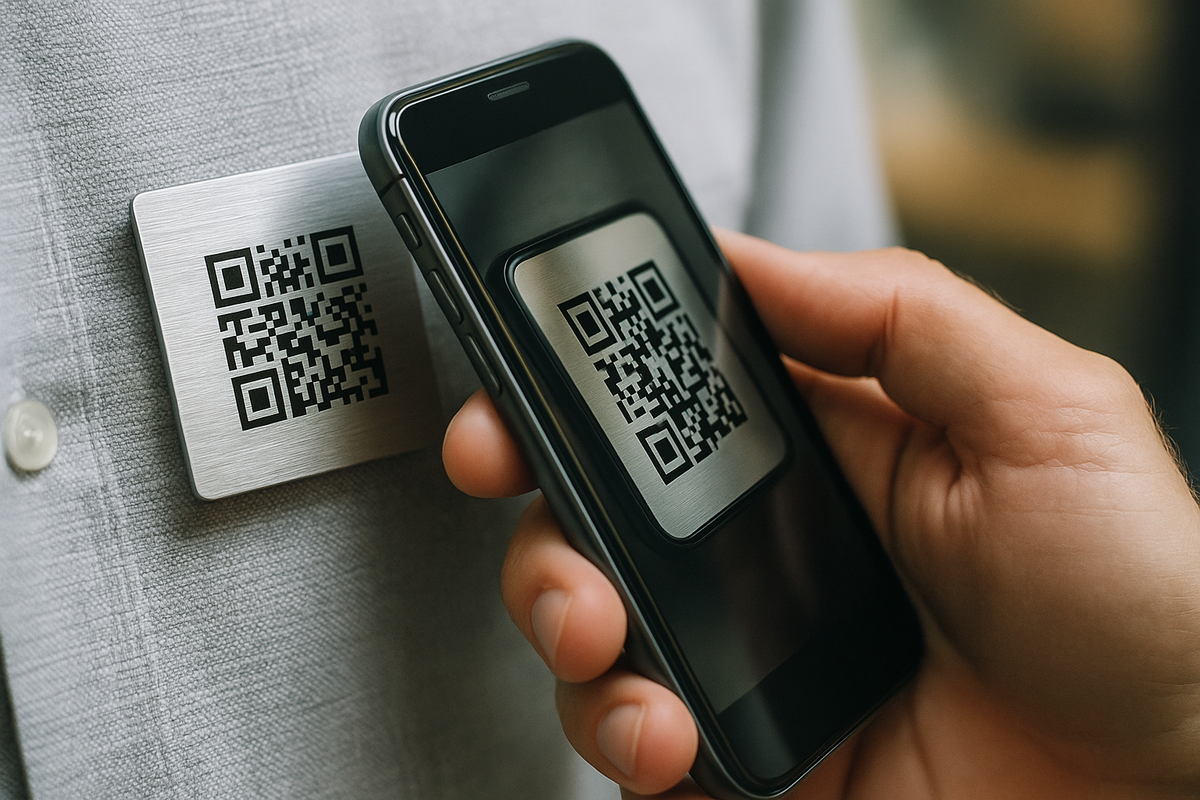 Scanning a QR code on a metal name badge