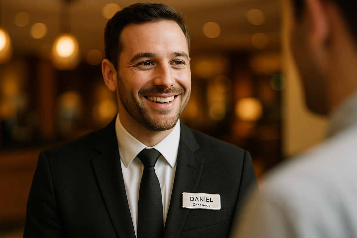 Hotel concierge Daniel wearing a silver metal name badge