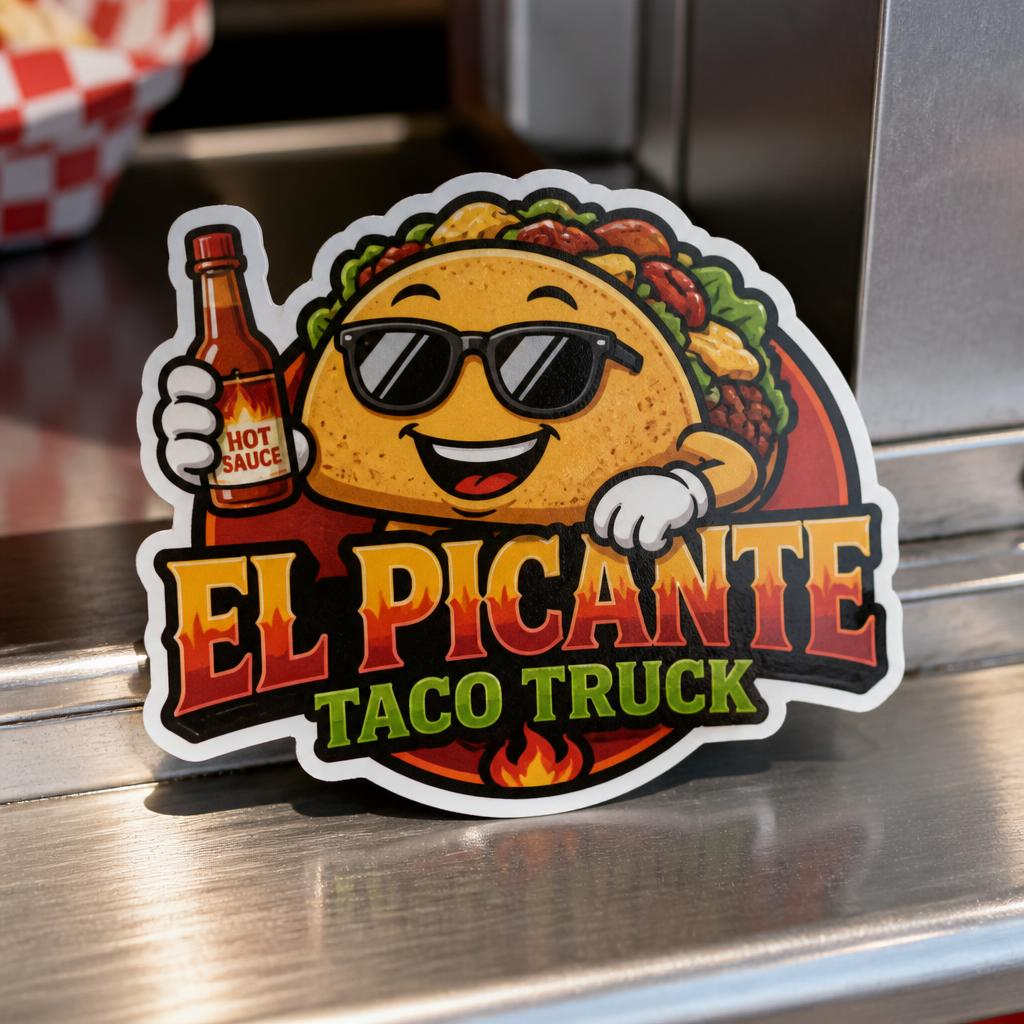 El Picante Taco Truck custom die-cut logo sticker on a food truck counter
