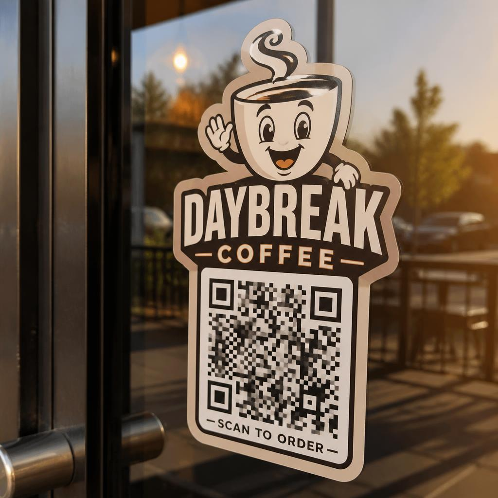 Daybreak Coffee scan-to-order QR code sticker on a cafe door