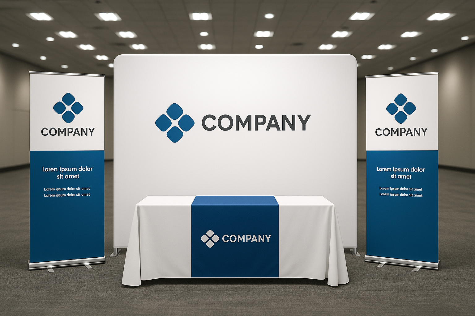 Fabric tension banner backdrop at a trade show booth with matching pull-up banners
