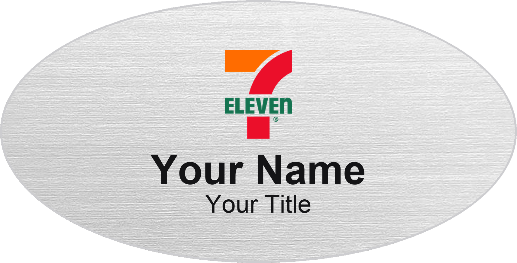 7-Eleven Name Badge, Silver Metallic, Silver Border Oval 3" × 1.5"