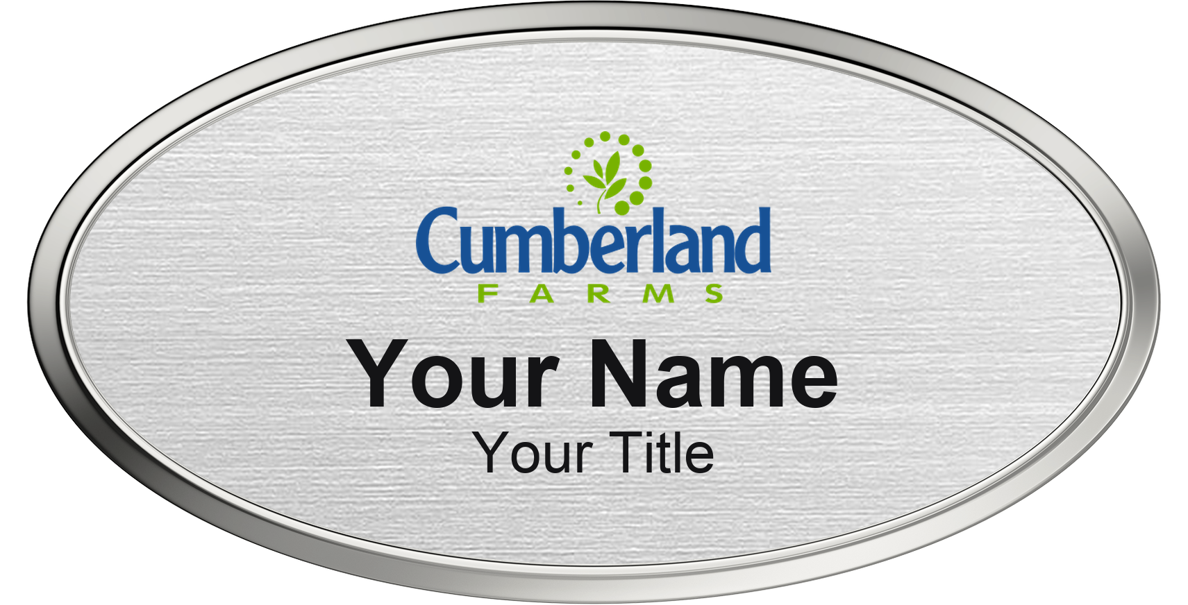 Cumberland Farms Name Badge, Silver Metallic, Silver Border Oval 3" × 1.5"