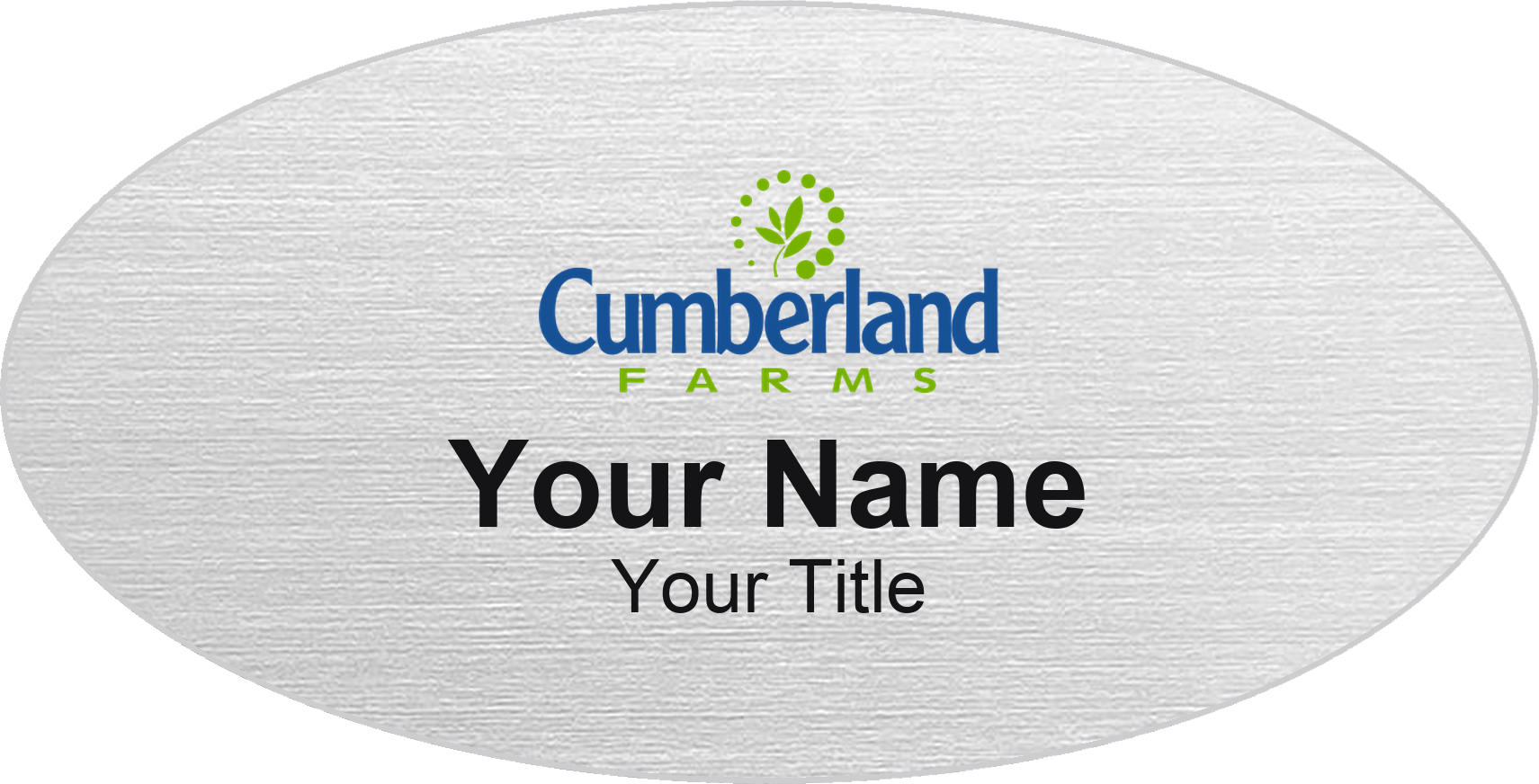 Cumberland Farms Name Badge, Silver Metallic, No Border Oval 3" × 1.5"