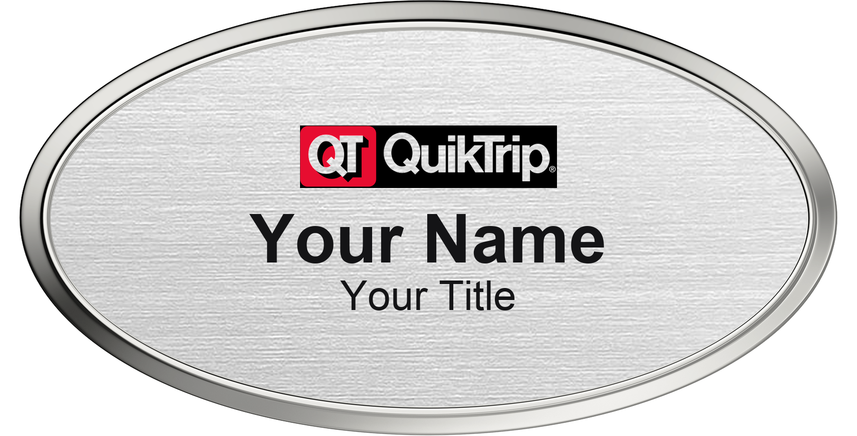 QuikTrip Name Badge, Silver Metallic, Silver Border Oval 3" × 1.5"