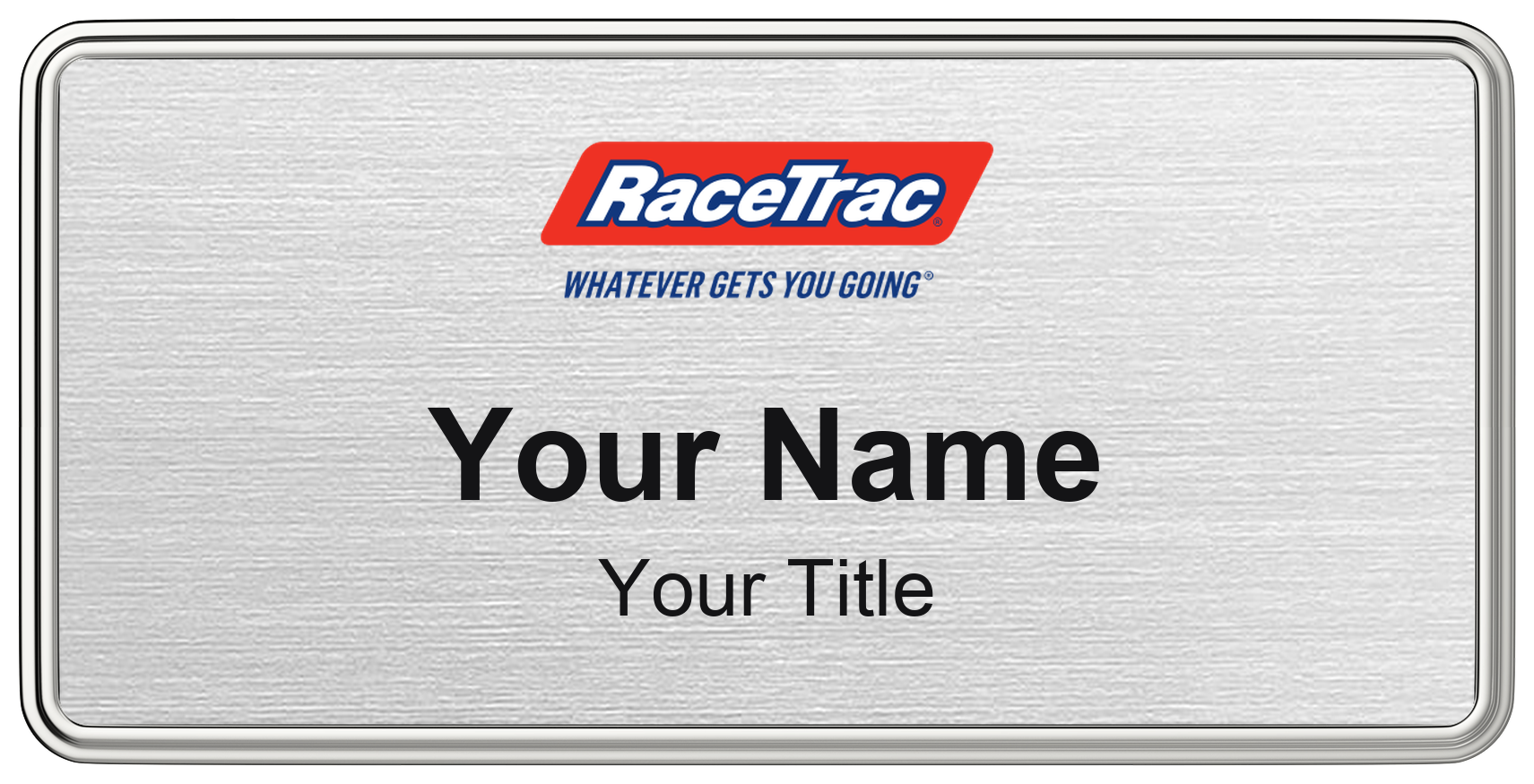 RaceTrac Name Badge, Silver Metallic, Silver Border 3" × 1.5"