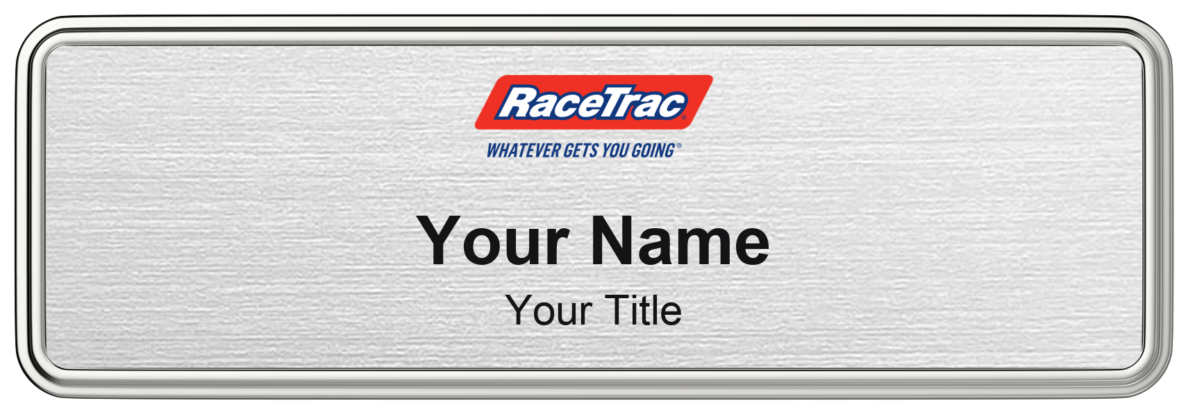 RaceTrac Name Badge, Silver Metallic, Silver Border 3" × 1"