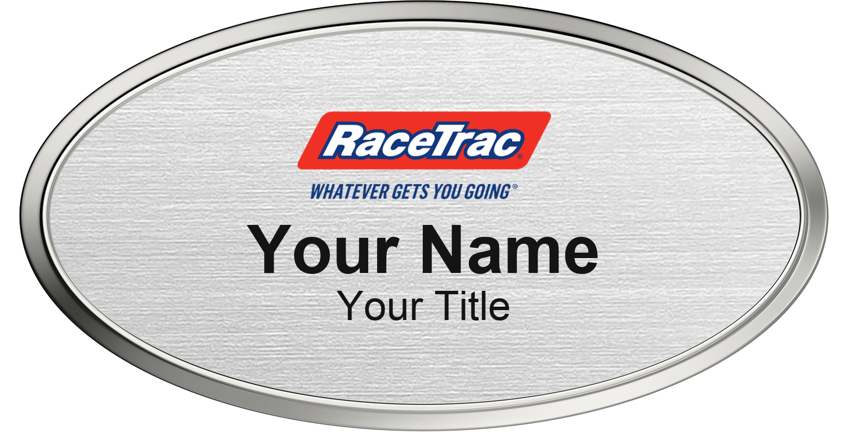 RaceTrac Name Badge, Silver Metallic, Silver Border Oval 3" × 1.5"
