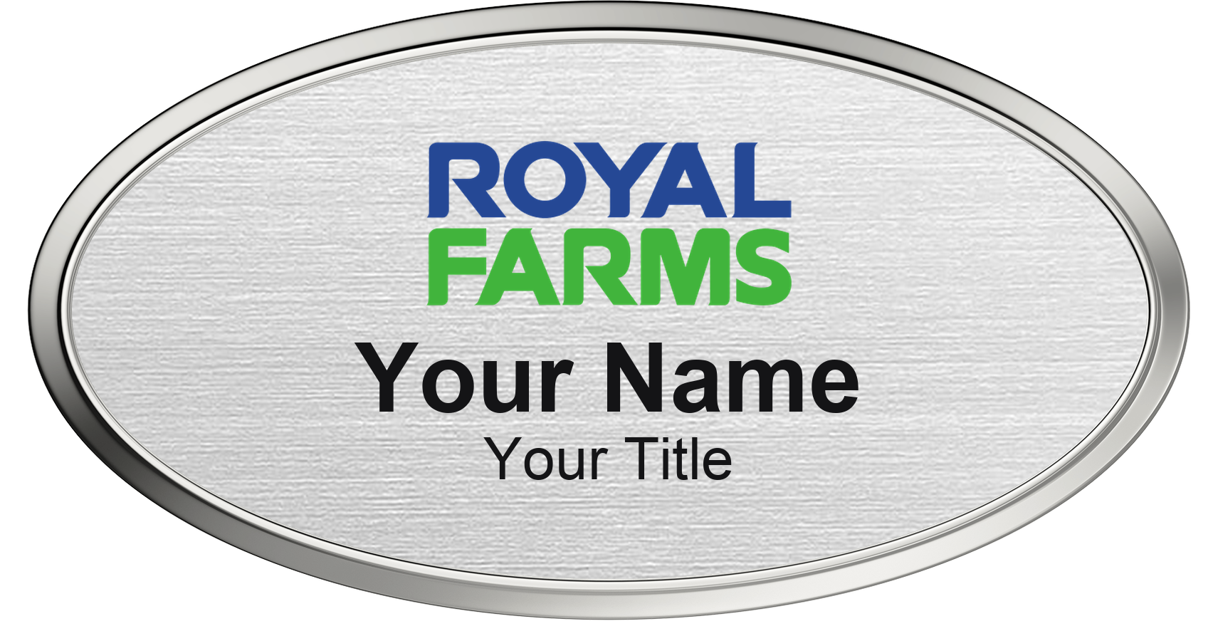 Royal Farms Name Badge, Silver Metallic, Silver Border Oval 3" × 1.5"