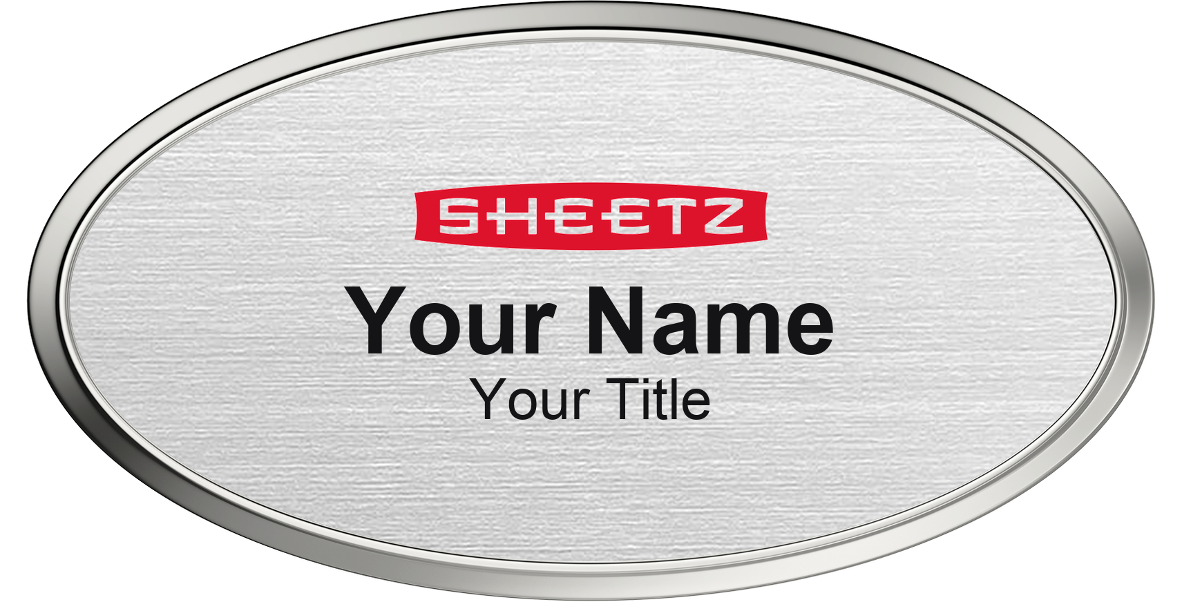 Sheetz Name Badge, Silver Metallic, Silver Border Oval 3" × 1.5"