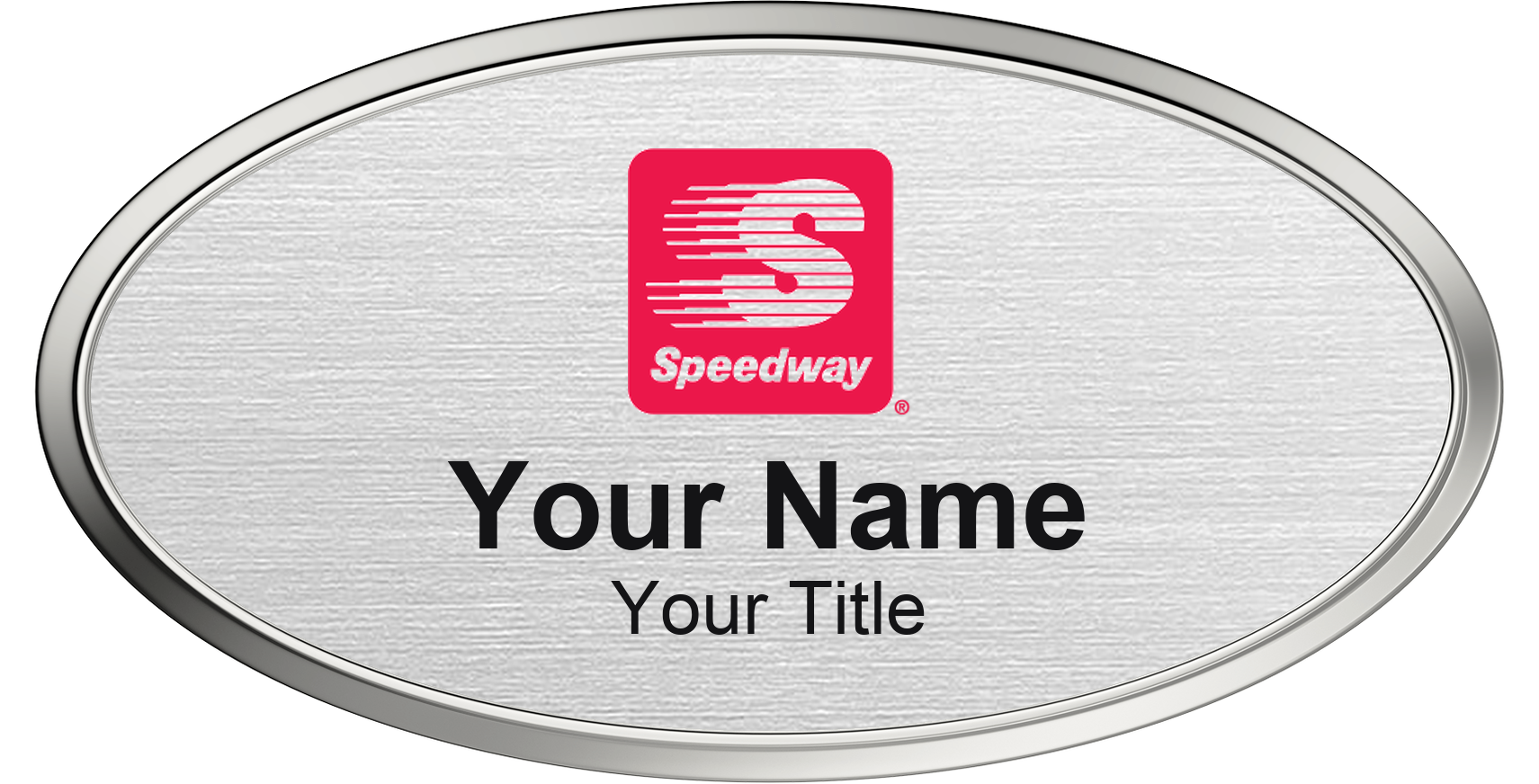 Speedway Name Badge, Silver Metallic, Silver Border Oval 3" × 1.5"