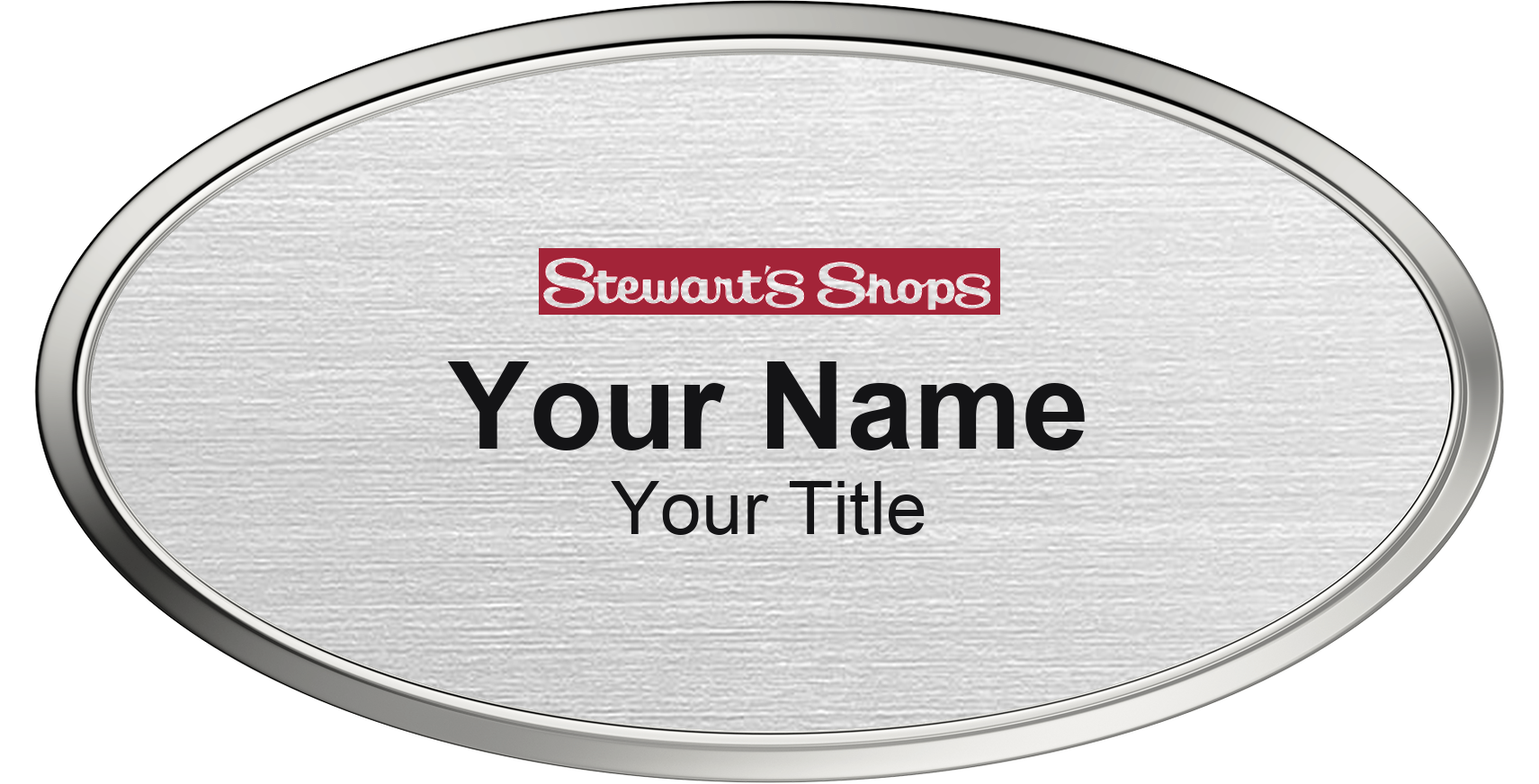 Stewart's Shops Name Badge, Silver Metallic, Silver Border Oval 3" × 1.5"