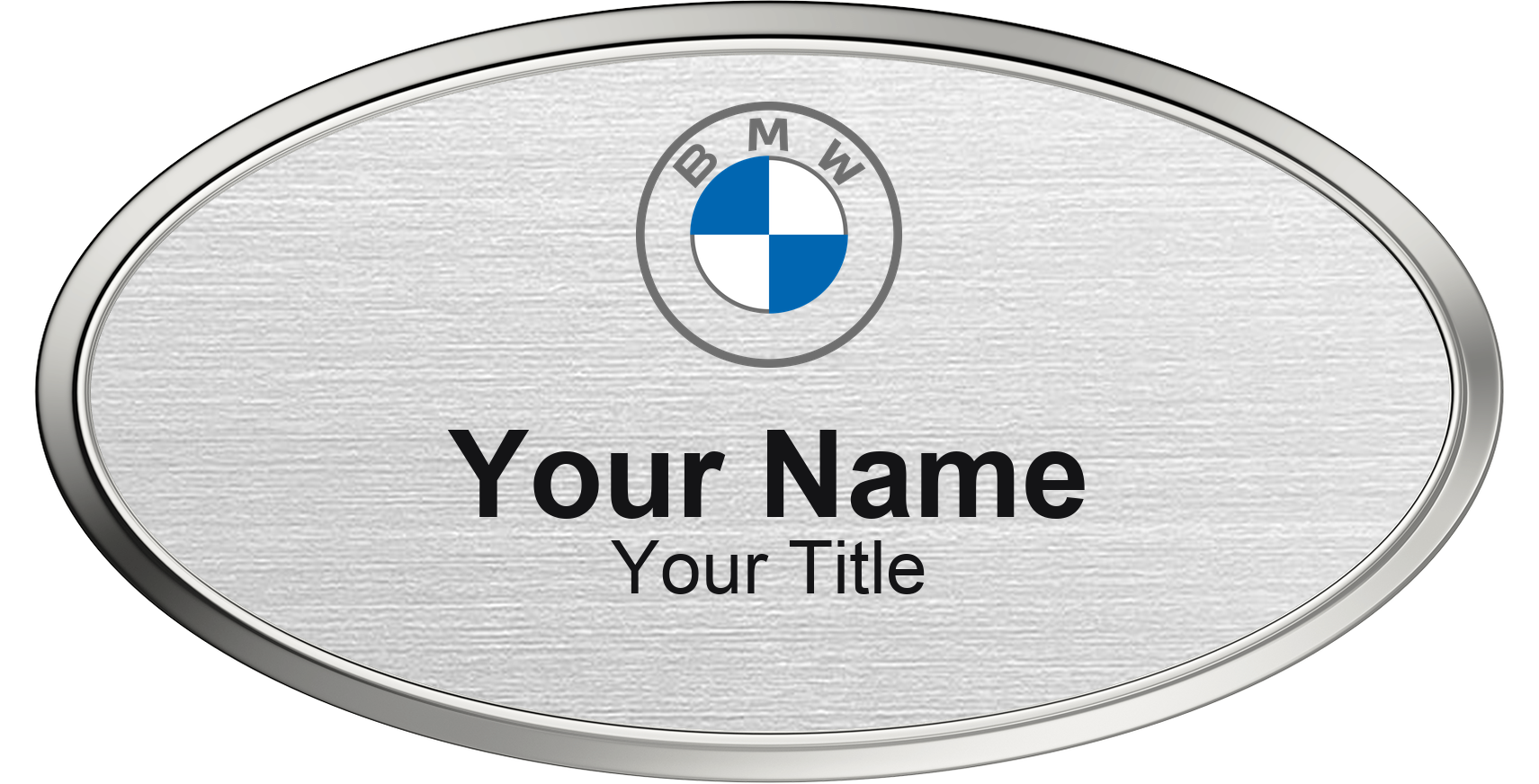 BMW Name Badge, Silver Metallic, Silver Border Oval 3" × 1.5"