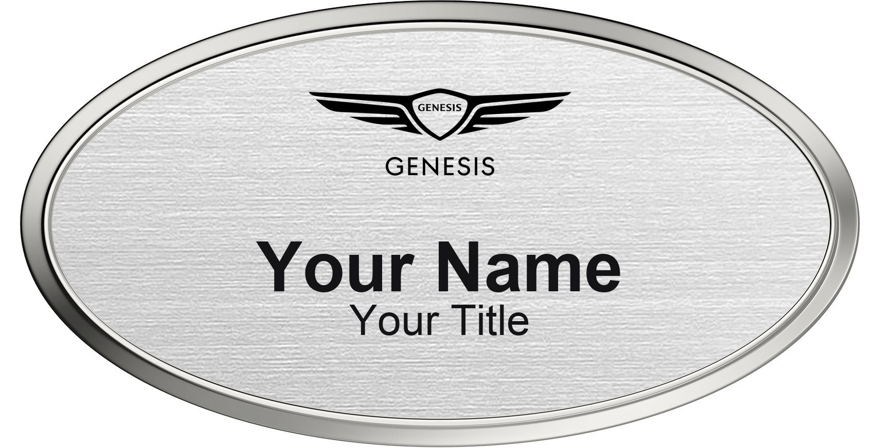 Genesis Name Badge, Silver Metallic, Silver Border Oval 3" × 1.5"