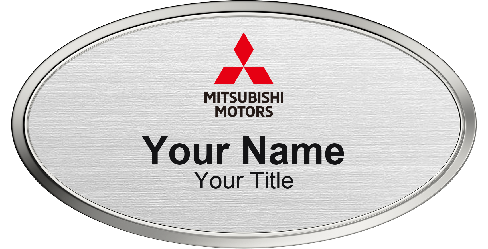 Mitsubishi Name Badge, Silver Metallic, Silver Border Oval 3" × 1.5"